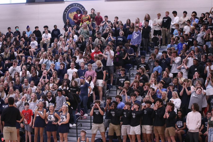 The junior section cheers the “Hey Hey, What do you Say?” chant at the end of the pep assembly.