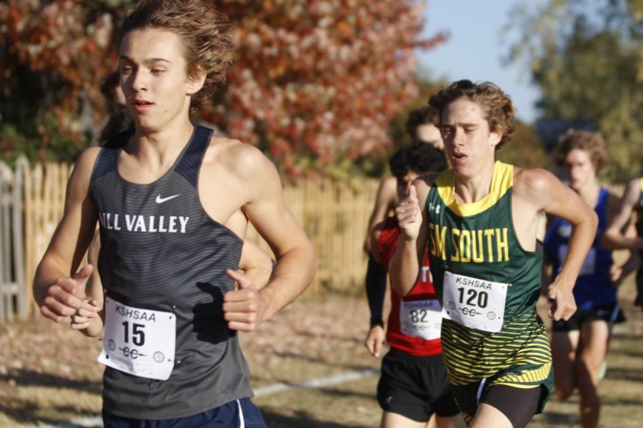 Coming down the hill, sophomore Carter Cline runs steadily.  