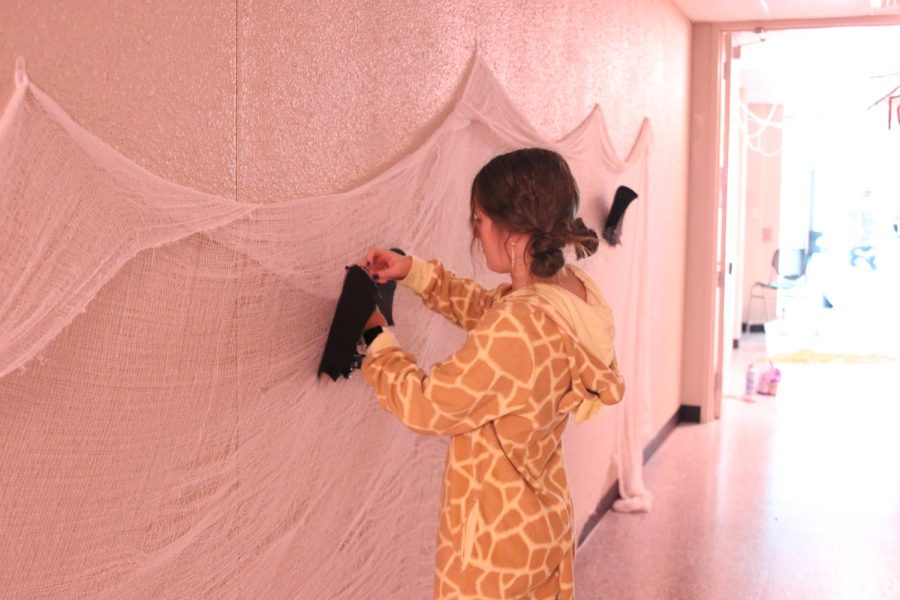 Junior Ellie Walker hangs up a bat on the wall as a decoration for the StuCos first-ever Haunted Halls event Sunday Oct. 30.