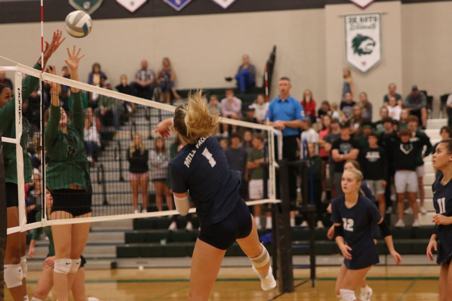 With power, senior Madeline Schnepf hits the ball over the net. 