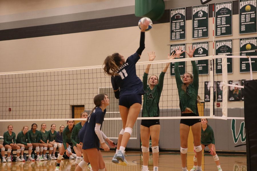 Reaching high above the net, freshman Ella Jones hits the ball to earn a point. 
