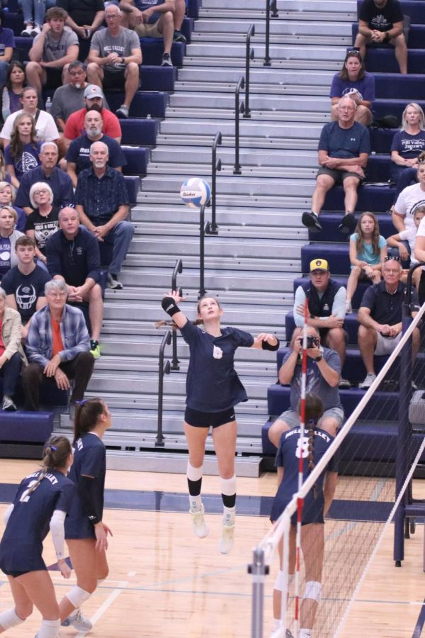 With her hand raised, junior Kaitlyn Burke hits the ball over the net.