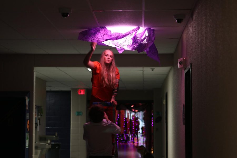 Balancing herself on a ladder, senior Avery Blubaugh tucks in purple paper to a ceiling light.