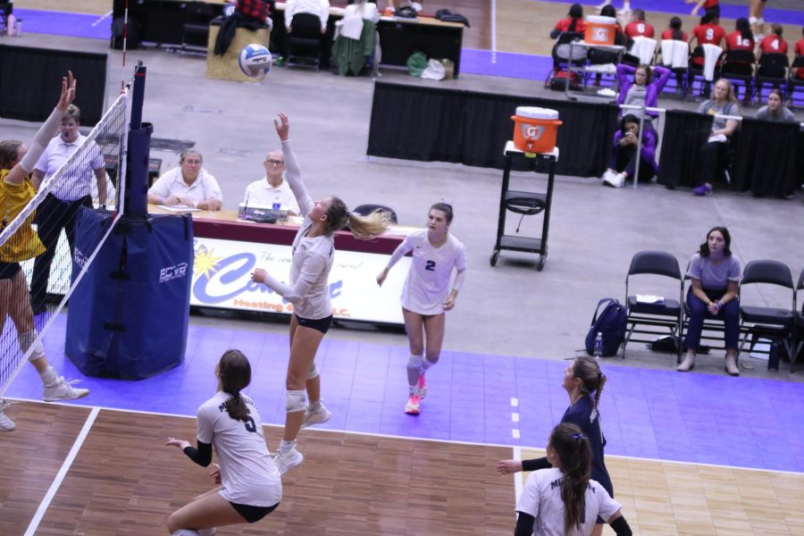 Focusing on the ball, senior Madeline Schnepf tips the ball over the net.