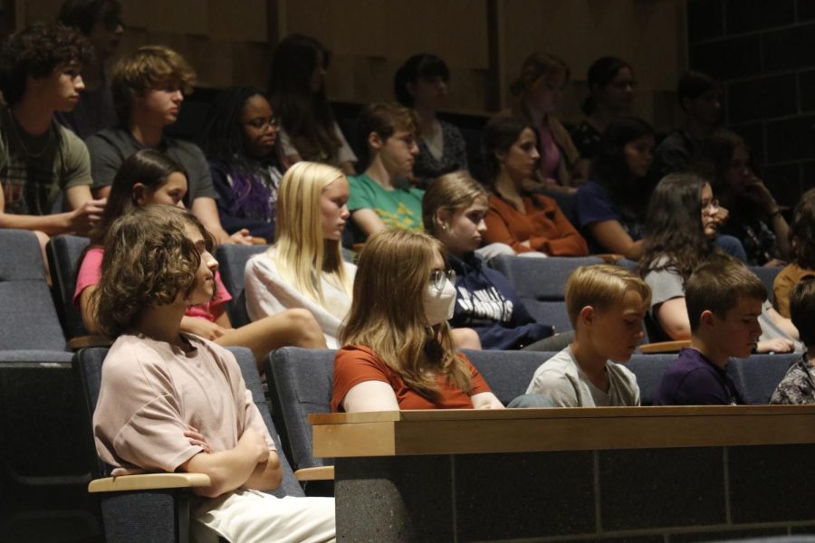Sitting in the PAC, students apart of the Voyagers Gifted students program listen to Dr. Holder explain the changes that will be made to the program for this year Monday Aug. 29. 