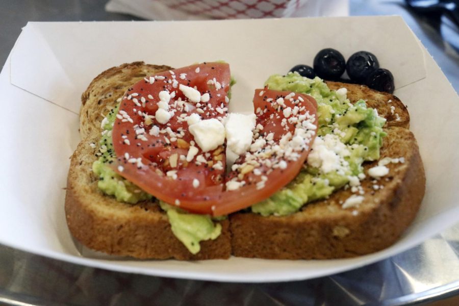 Served on wheat bread with fresh mashed avocado topped with a a slice of tomato, crumbles of feta cheese, and everything but the bagel seasoning, the avocado toast is offered all day. 