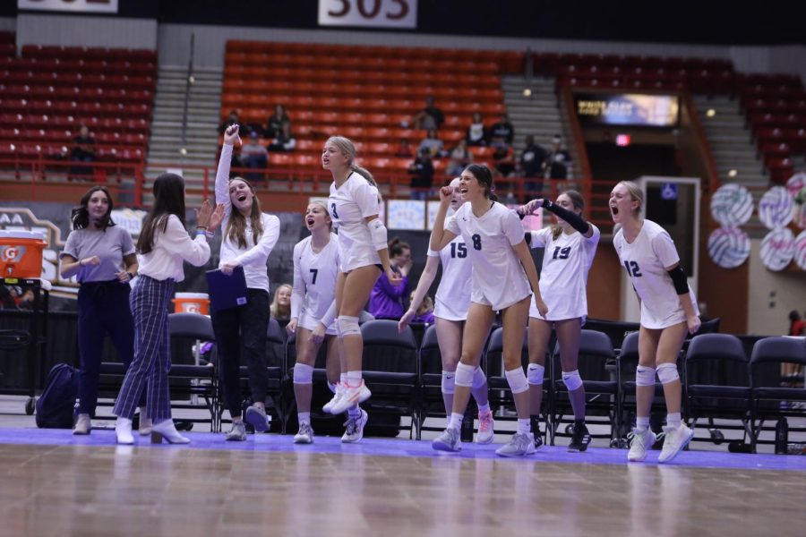 The team celebrates after a point winning play by their teammates. 