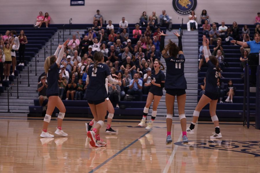 Arms in the air, the team celebrates after a point-winning block. 