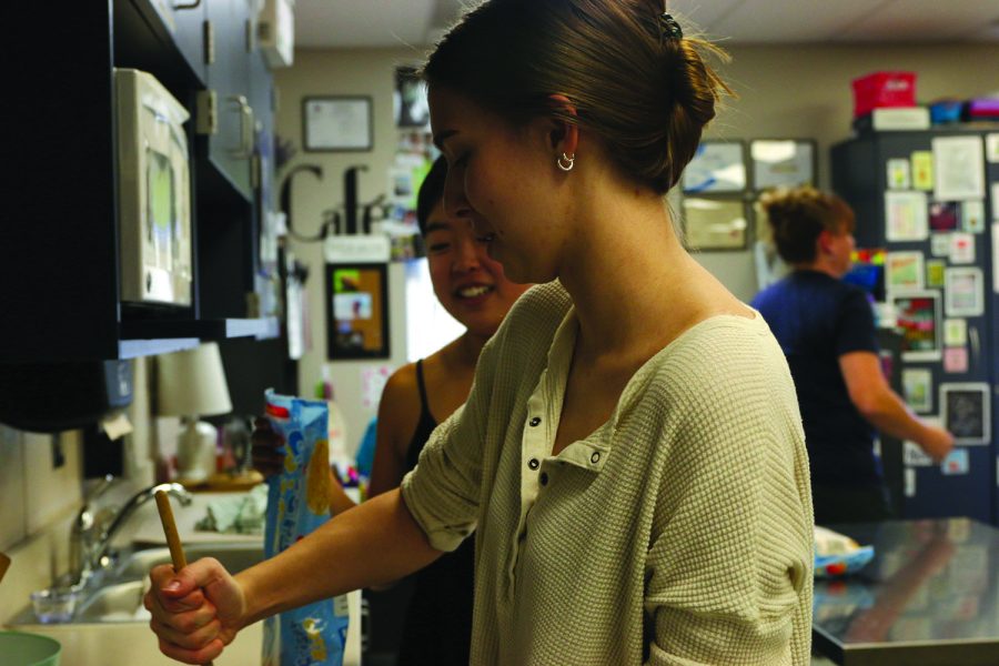 With a look of satisfaction on their faces, seniors Ashlyn Elliott and Ally Sul stir ingredients for Rice Krispie treats.