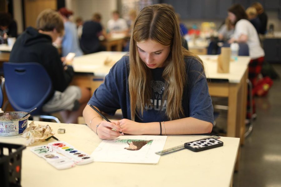 Refining her painting of an otter,  freshman Grace Holland in art teacher Krystal Strongs Art I class Friday Sept.16.