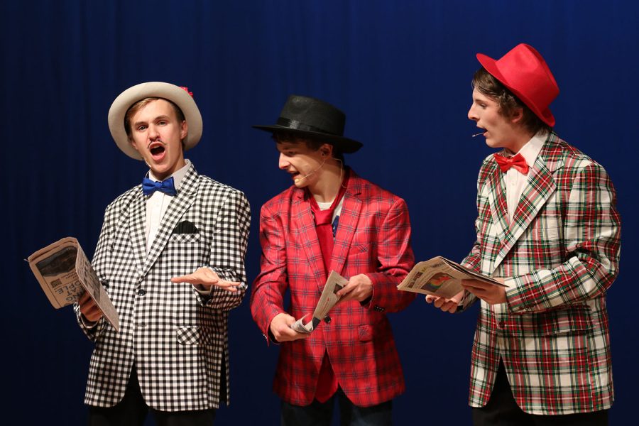 Senior Carter Harvey, freshman Drew Cormany and sophomore Ayden Brown sing an opening number to “Guys and Dolls.”