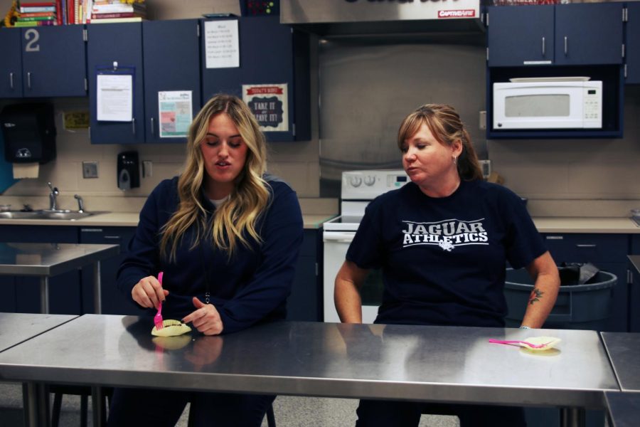 After tasting the frozen pecan pie, FACS teachers Lauren Stringer and Margaret Dieckhoff discuss their thoughts Friday, Nov. 19