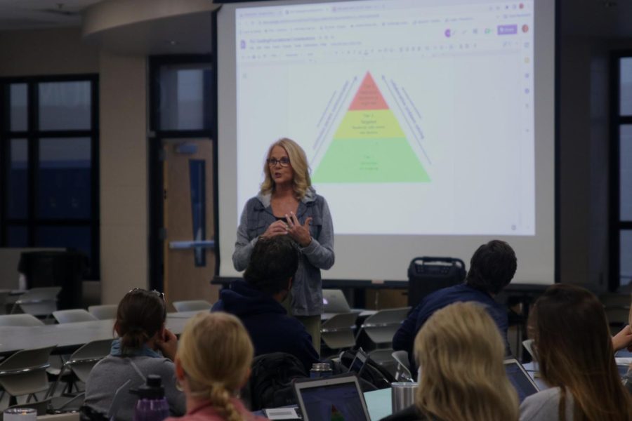 Principal Dr. Gail Holder holds a meeting on Friday, Oct. 21. In her meeting she talked about placement of students and the new late start days.  