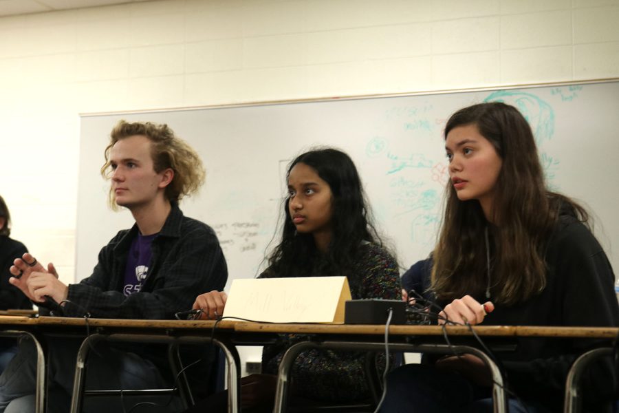 In the midst of a particularly difficult round, Evan Mack, Rachel Joseph and Avery Gathright prepare to interrupt the moderator in order to answer the question before the other team. Freshman Ian Weatherman states that the team limits their interruptions, unless its a question we know for sure.