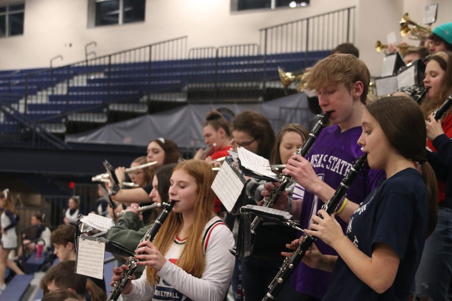 Amongst the clarinet section, sophomore Logan Koester plays the clarinet alongside freshmen Ashlyn Keim and Maggie Kriks. 