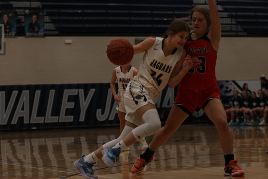 Fighting a defender, sophomore Averie Landon tries to get through.

