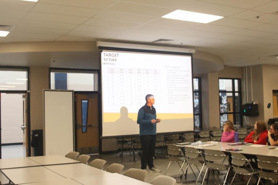Presenting to the students during the ACT prep session, math teacher Chris Borchers helps breaks down the math section of the ACT Tuesday, Jan. 10.