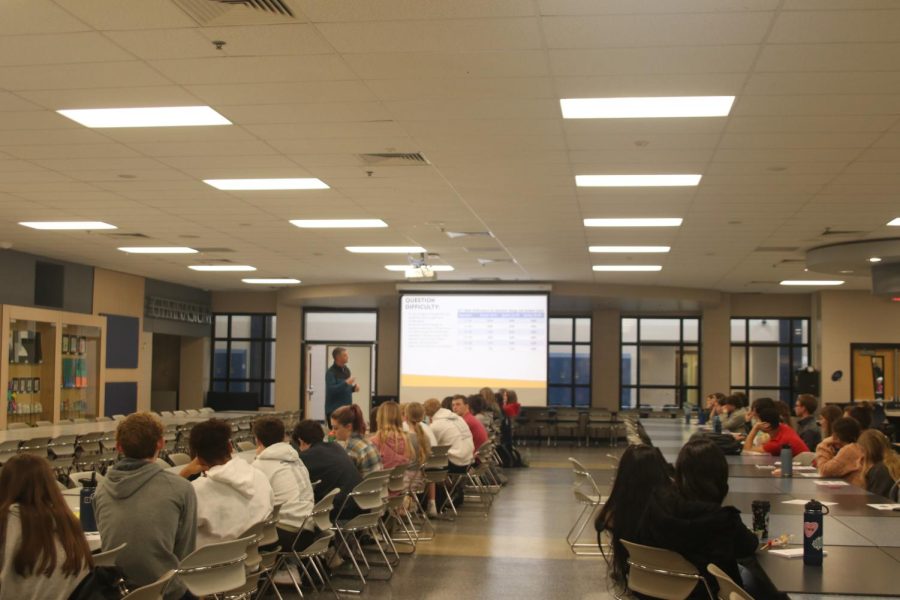 Students packed the commons for a regularly scheduled ACT prep seminar where math teacher Chris Borchers gave tips on how to better crack the tests math section.