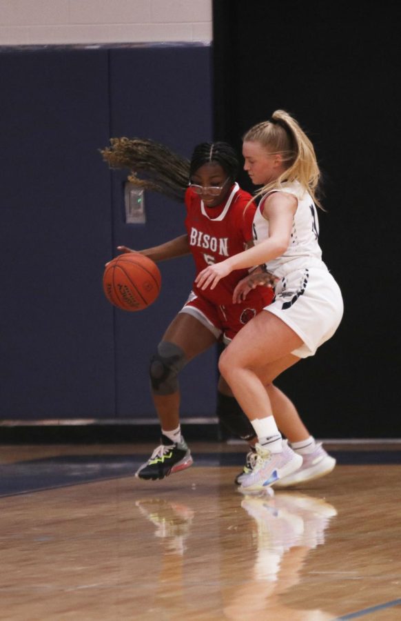 Blocking her opponent, senior Sophie Pringle guards the basket.