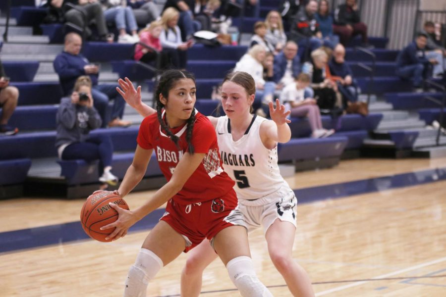 Sophomore Josie Benson pressures the ball carrier. 