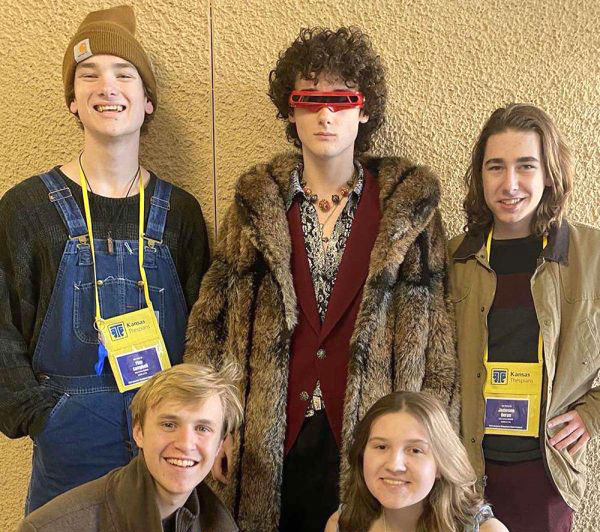 Seniors Finn Campbell, Brayden Heath, Jameson Beran, Carter Harvey and Asa Esparza pose for a celebratory at Thescon 2023 after placing second in Competitive Improv.