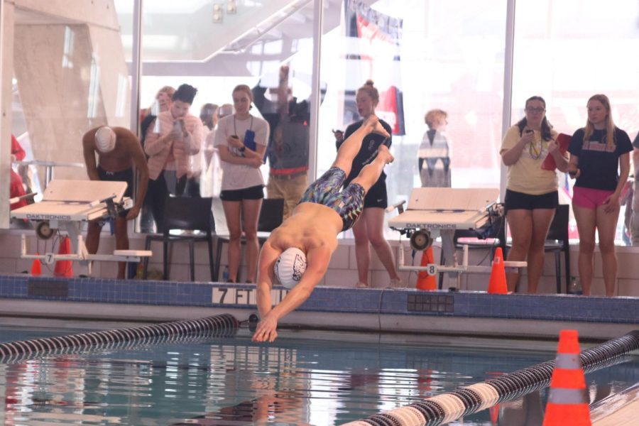 Diving into the water, senior Anthony Molinaro starts the 50 yard freestyle.