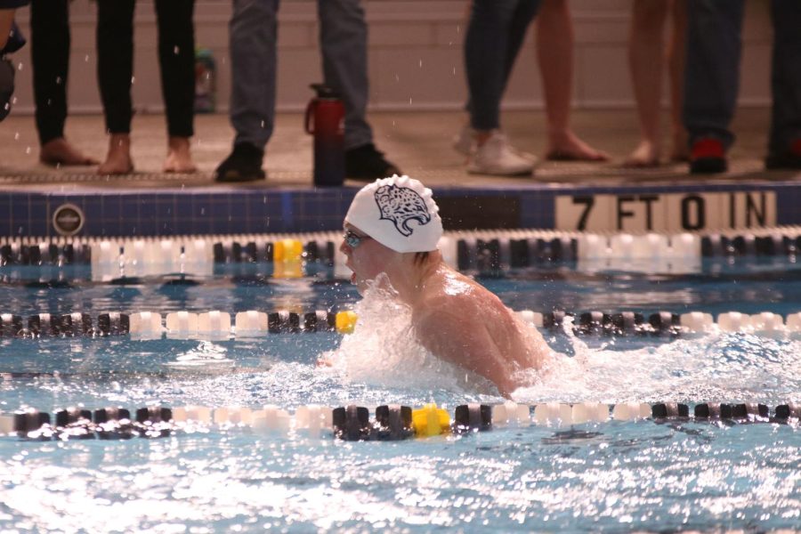 Looking down the lane, junior Gabe Budimlija swims breaststroke.