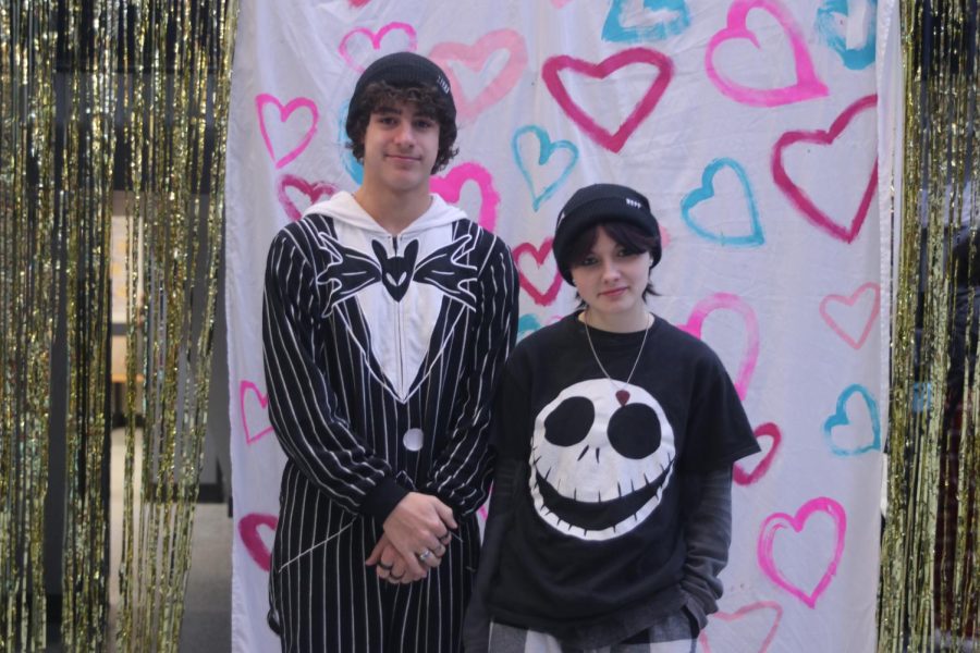 In matching “Nightmare Before Christmas” PJ’s, juniors Trent Richardsona and Micah Boatwright smile for a picture.