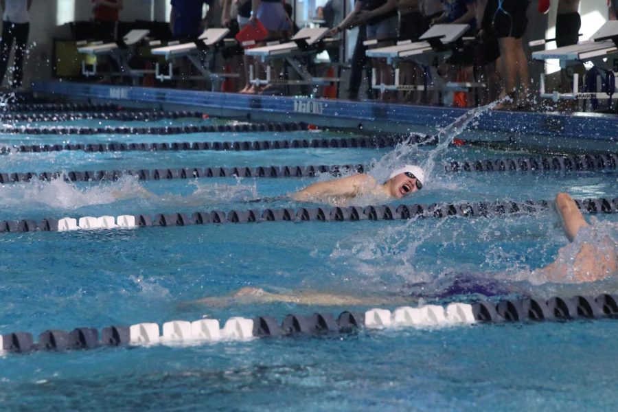 Junior Andre Arnold comes up for a breath on his final lap of the freestyle race.