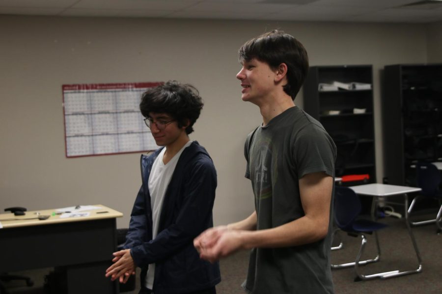 Standing side by side, sophomores Zane Lauer and Yazid Vazquez practice their events. “This is our fourth tournament and we did pretty good, Lauer said. I think, overall as a team, [Forensics coach Shawn Rafferty] said we did better than he expected which is great for 13 out of 30 schools.”