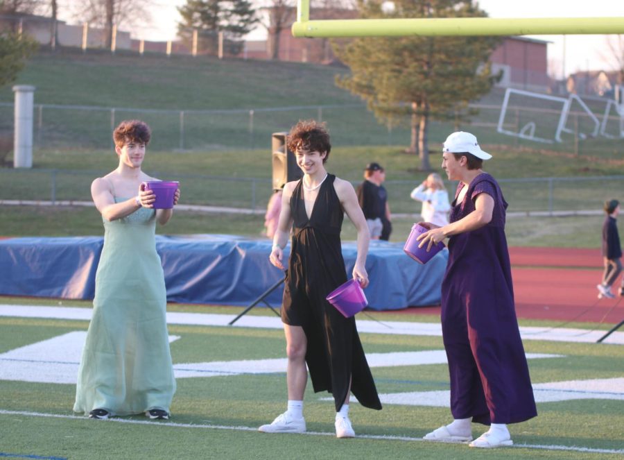 Junior Tristan Baker, sophomore Noah Pham and freshman Gavin Hurt compete for Mr. Relay.  