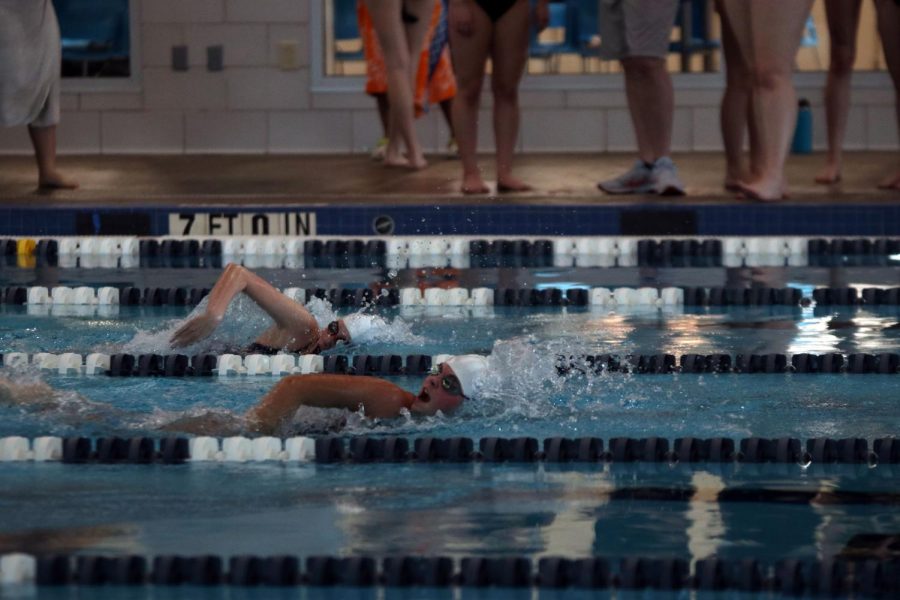 Turning to breathe, freshman Abby Haney surpasses her opponents in the 100 meter freestyle.