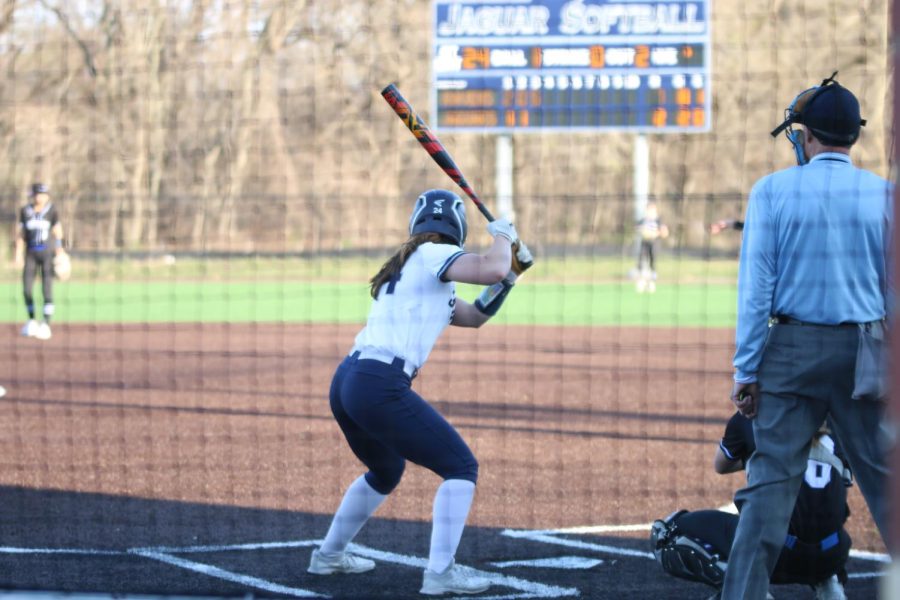  In the third inning with the score at 5-2, shortstop senior Adisyn Hopkins stands up to bat. The game ended 16-3 as the team fell short to Olathe Northwest Thursday, April 6.