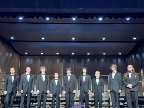 Tenor and bass voices from the Jag Singers top choir perform at the regional solo and ensemble competition at De Soto High School. The tenor and bass Jag Singers small ensemble received a one rating and will be attending the state competition in Salina, April 29.