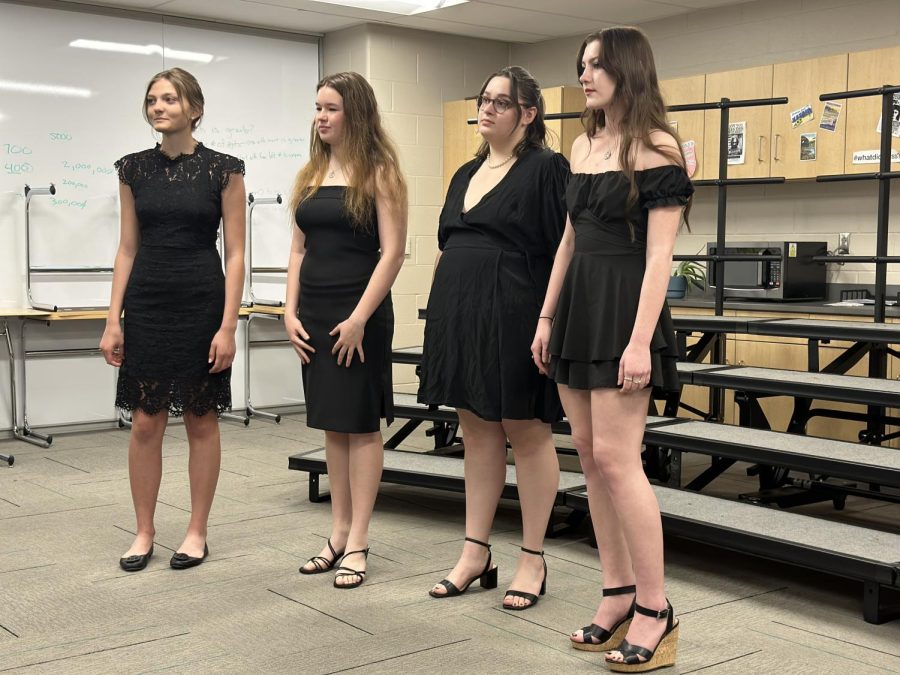 Jag Chorale Quartet consisting of juniors Tenley Moss, Maddie Olivier, Ella Edwards and Liviana Kirkpatrick sing “Turn Around” by Rene Clausen. The quartet received a I superior rating will be attending the state competition.