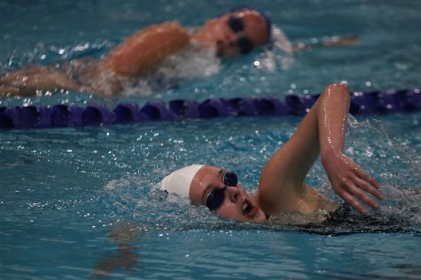 Turning to take a breath, sophomore Halle Nelson competes in her swim race. 