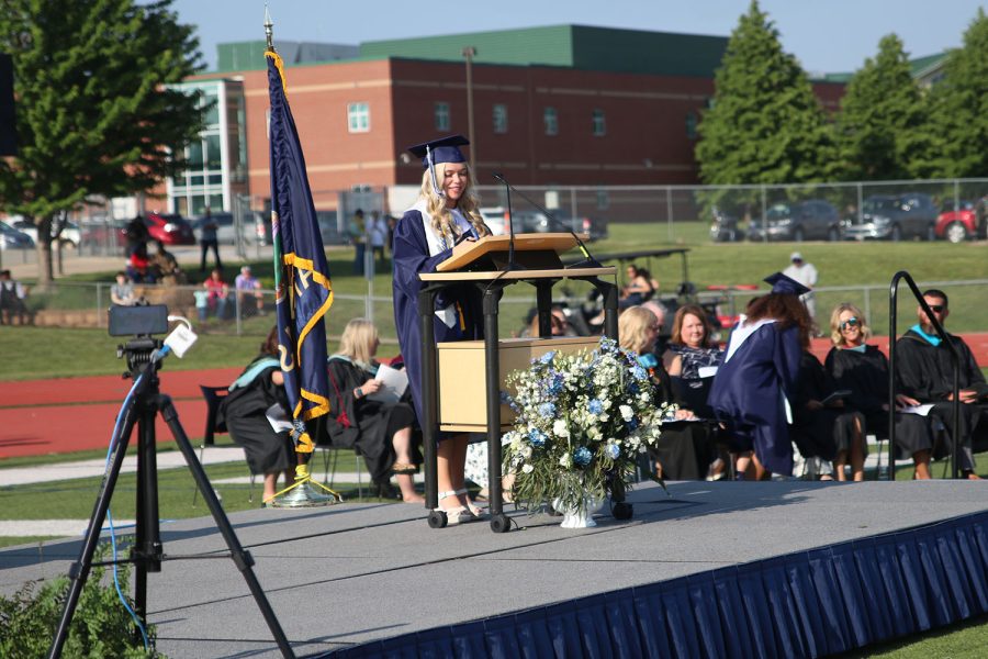 Quoting Hannah Montana, student body president Bri Coup gives her speech to the graduating senior class. 