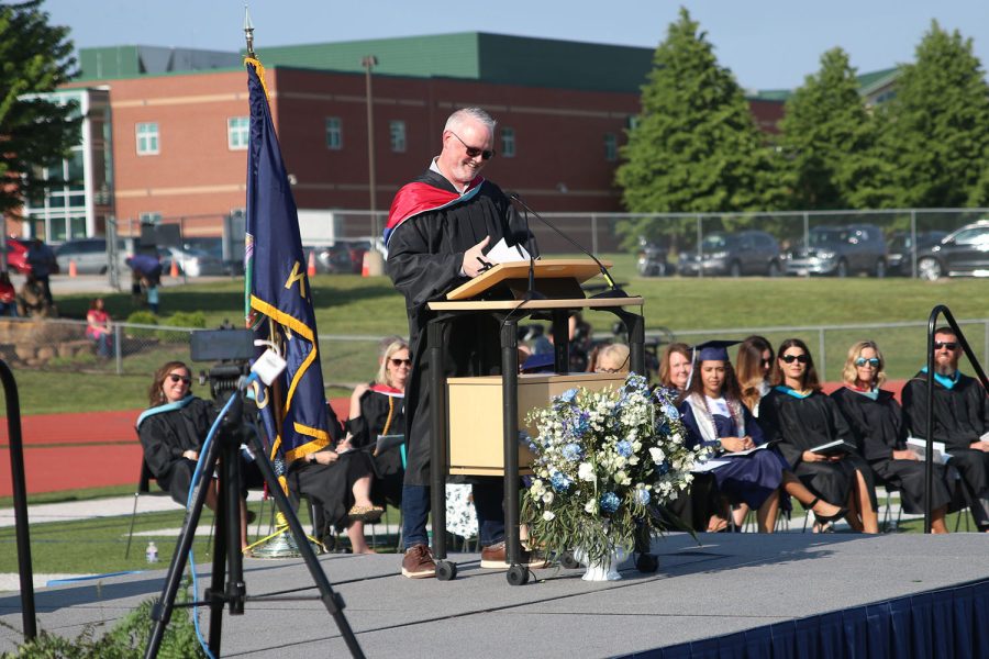 Being the elected teacher speaker, science teacher Chad Brown gives a heartfelt speech. 