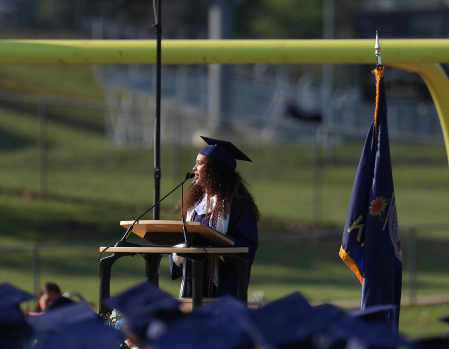 Senior Gabby Delpleash delivers her class president speech.