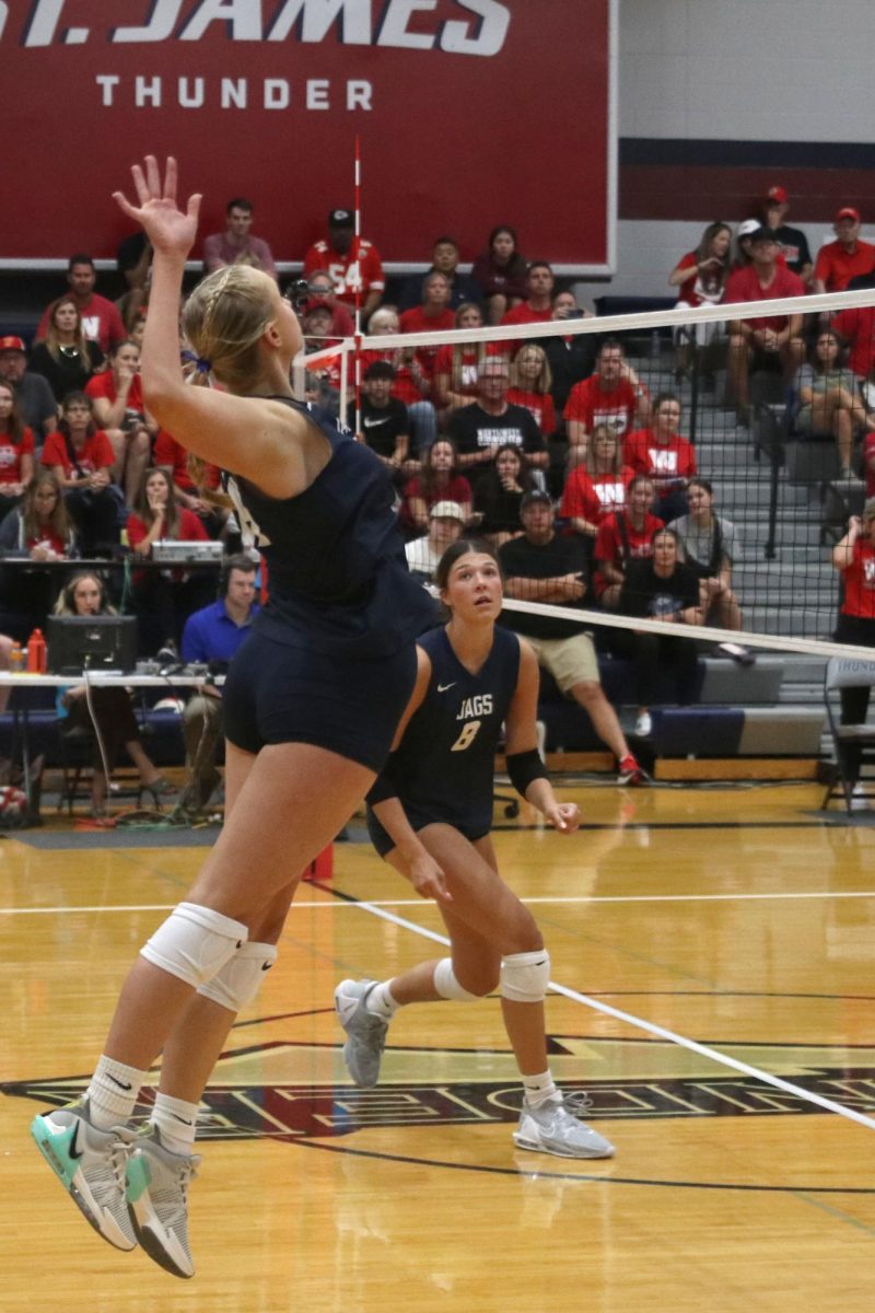 Earning her team a point, junior Abby Riggs hits the ball to the other side. 