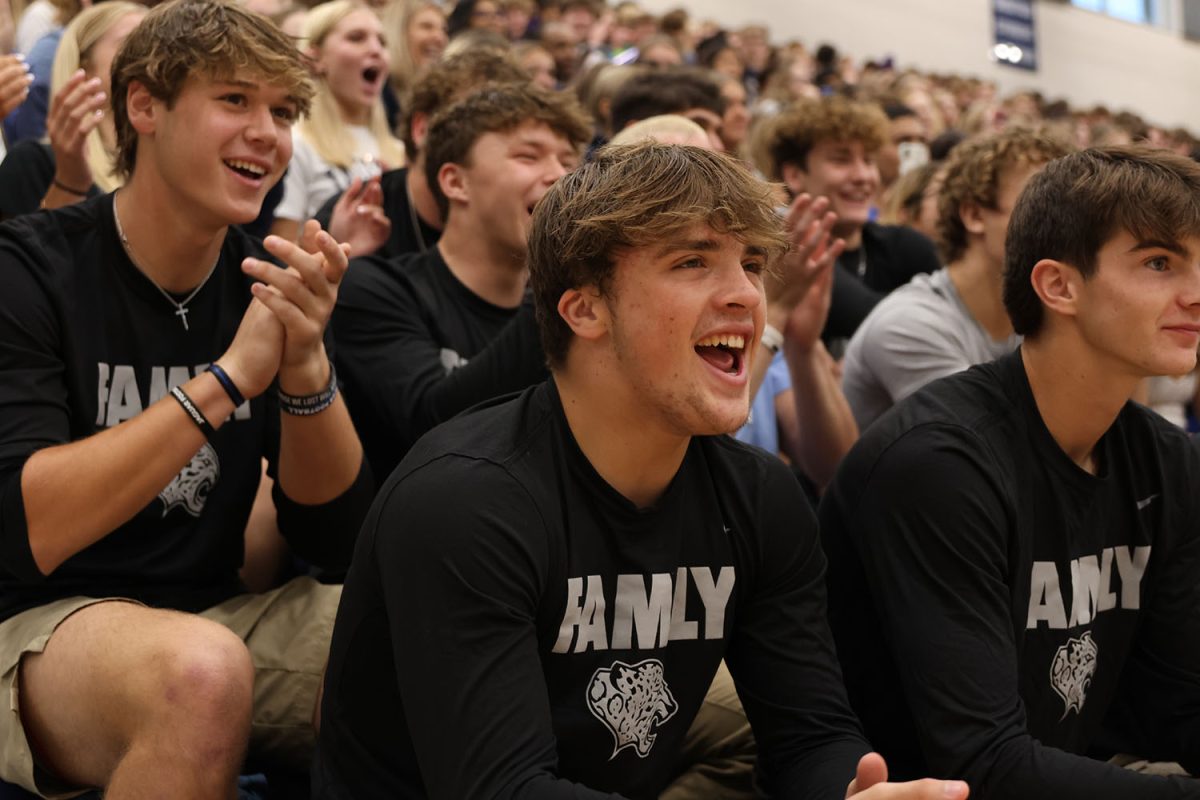 Senior Ryan Devril cheers for the Homecoming candidates with his friends.