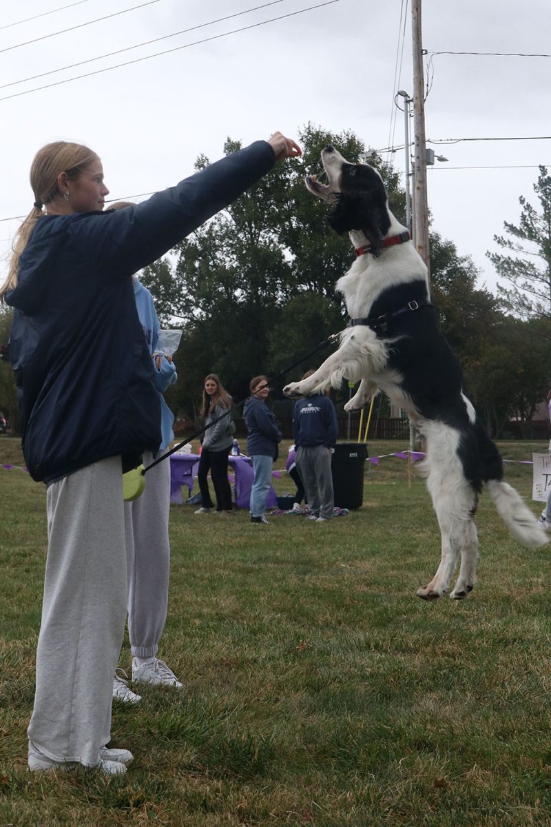 Holding up a treat, junior Calista Marx shows off her dog Mauis big hops. 