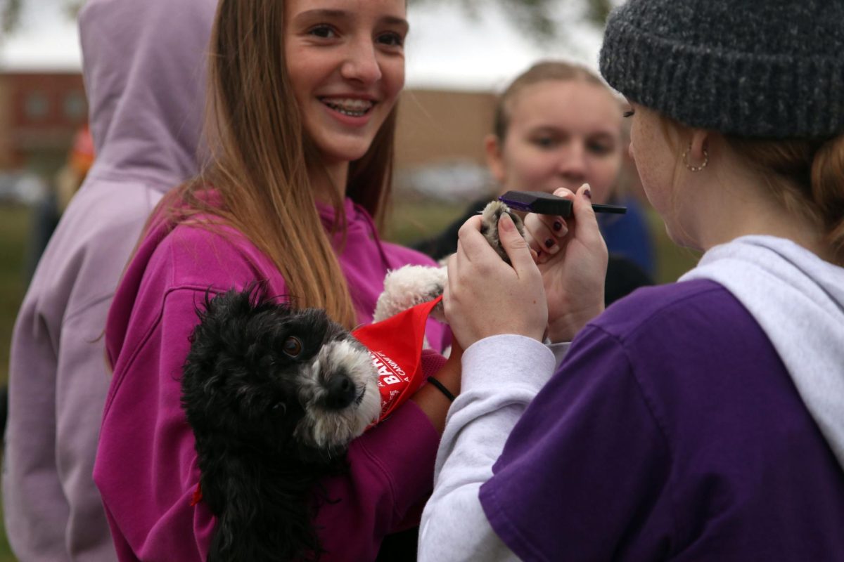 Beaming, sophomore Maddie Parizek holds her dog while he gets his paw painted.