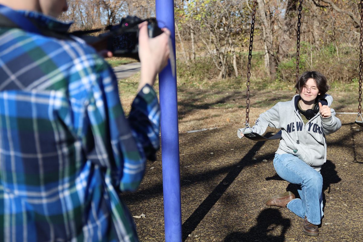 After running a scene, sophomore Bee Baird turns to junior Gabe Coleman, giving him a thumbs up to ask if the shot was good.