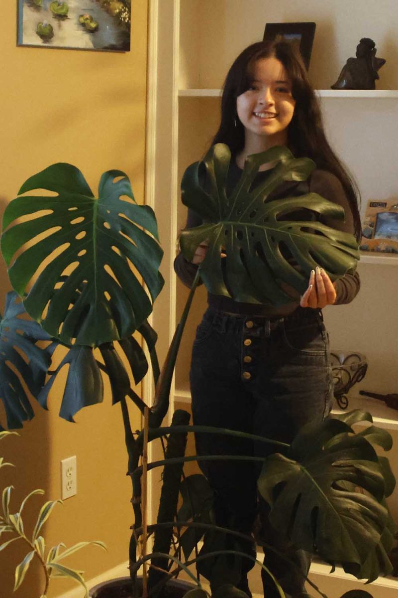 With her plant, senior Valeria Cruz-Gonzalez shows off the stunning leaf. Cruz has been making a plan on how she will be taking care of all her plants when she goes to college. Tuesday, Nov. 28