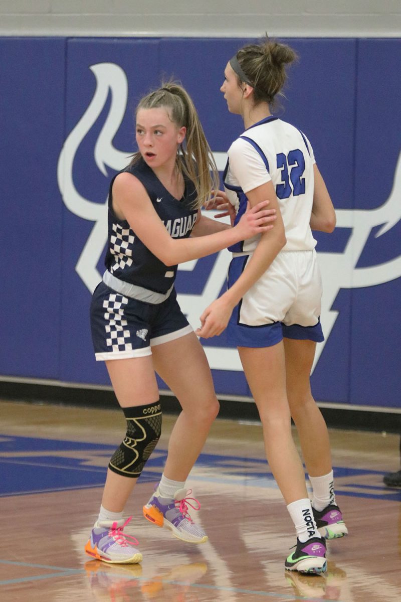 Standing by the basket, junior Josie Benson guards her opponent. 
