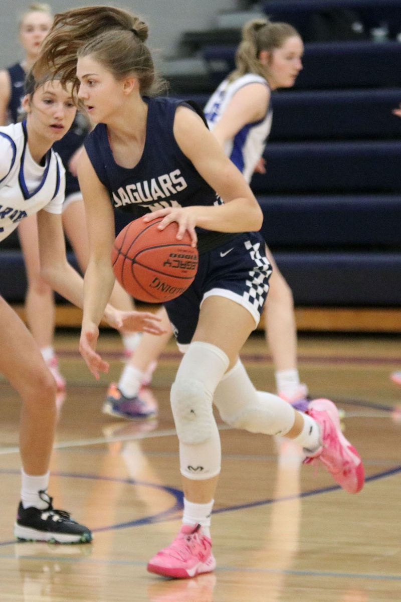 Driving to the basket, junior Averie Landon dribbles the ball.

