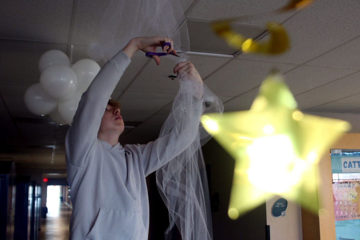 Junior Logan Koester cuts white tulle for the upper A-Hall WOCO decorations. 