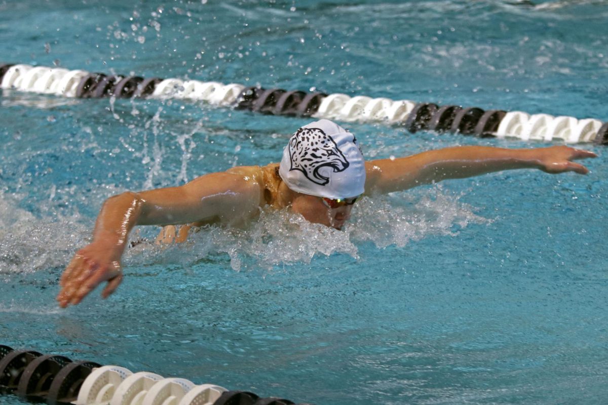 Arms outstretched, freshman Andrew Martin competes in the 100 yard butterfly.