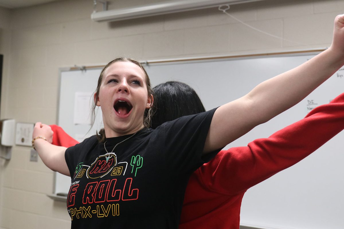 Practicing the dramatic yawn during their performance, Tristyn Jones and Lillian Gibson work through their script.